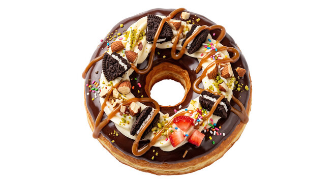 Gourmet chocolate donut with Black Cookies, caramel drizzle, almond and strawberry top view isolated on Transparent background