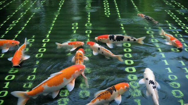 Koi fish swimming in digital water with binary code overlay, technology concept
