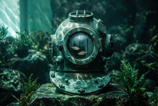 Subsea diving helmet in eerie underwater scene