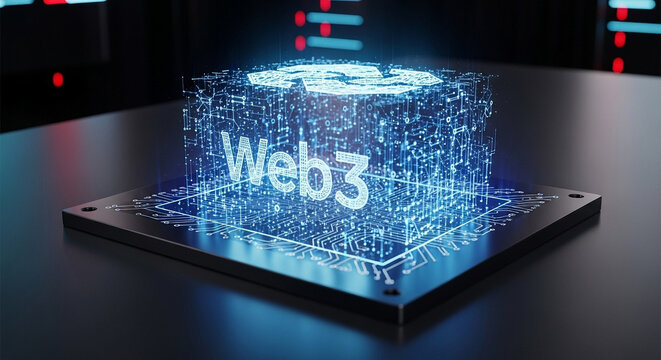 Innovative cryptocurrency and decentralized finance concept featuring holographic glowing code glowing above computer hardware components inside a server room environment during database
