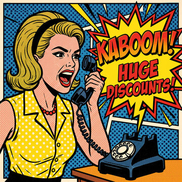 Retro Woman on Phone Kaboom Huge Discounts Pop Art Style