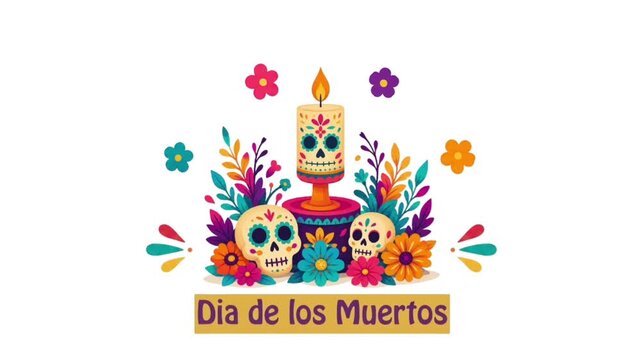 Colorful Day of the Dead Calavera Altar Animation with Sugar Skull, Marigold Flowers and Floral Decorations on white Background