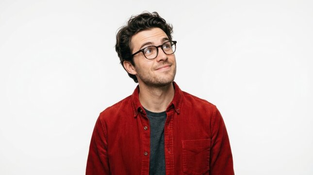 Young man with glasses and a red shirt looking up with a thoughtful smile isolated against a plain white background