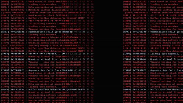 Terminal log stream red glowing text rapid scrolling with flickering errors for cybersecurity data overlay