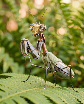Macro of a biomechanical praying mantis with metallic gears standing on a green fern leaf. Vertical illustration of a futuristic steampunk robotic insect with glowing glass eyes