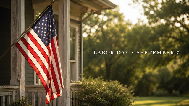 American flag hanging on a wooden porch of a house during a sunny afternoon, celebrating labor day on september 7th with a warm, nostalgic atmosphere