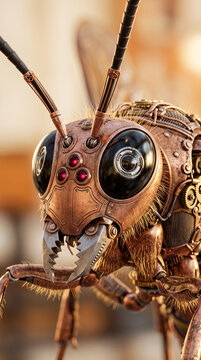 Vertical macro portrait of a biomechanical insect head. Steampunk robotic bug with metallic mandibles and glowing red sensors. Futuristic cyborg creature concept
