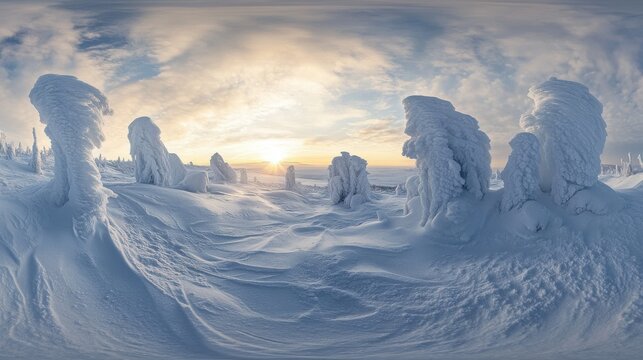 360 Panorama of Snowy Winter Forest Landscape at Sunset