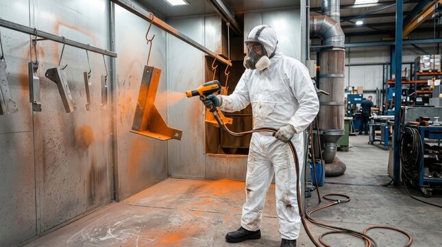 Industrial worker in protective suit and respirator applying orange powder coating to metal components in a factory spray booth