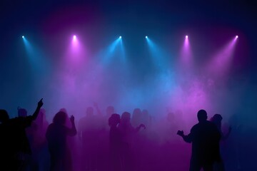 Naklejka premium Silhouettes dancing under colorful spotlights