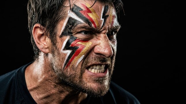 Angry man with colorful face paint shouting in spotlight