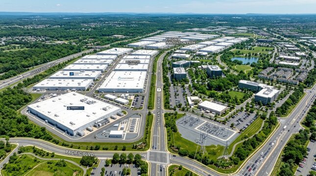 Aerial View of Large Scale Data Center Campus in Ashburn Virginia known as Data Center Alley