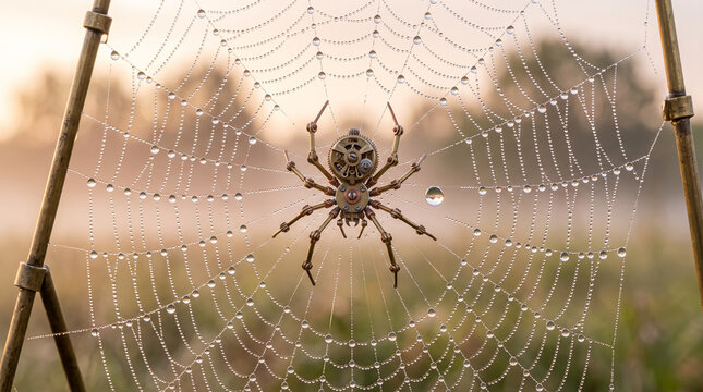 Macro photograph of a mechanical steampunk spider on a dew-covered web. Biomechanical clockwork arachnid with brass gears in nature. Futuristic robot insect concept with misty morning background