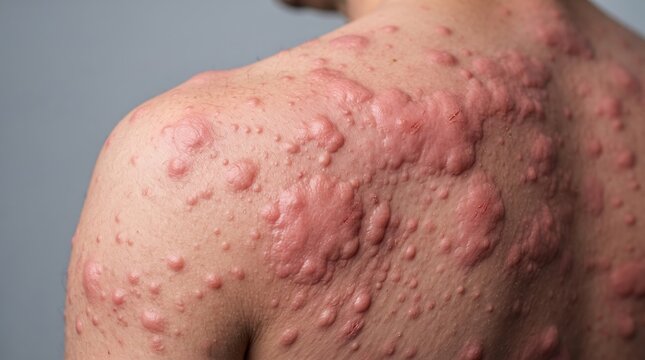 Severe Acute Urticaria Hives and Large Wheals on Male Shoulder and Back