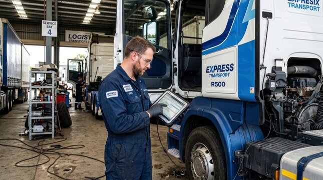 Professional mechanic using diagnostic tablet to perform maintenance on a large transport truck in a service bay workshop