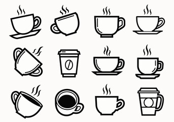 Obraz premium Collection of minimalist coffee cup icons with steam, isolated on transparent alpha, concept for cafe branding, beverage advertising and menu design.