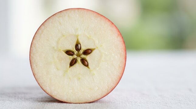 Freshly sliced apple revealing seeds and natural textures indoors
