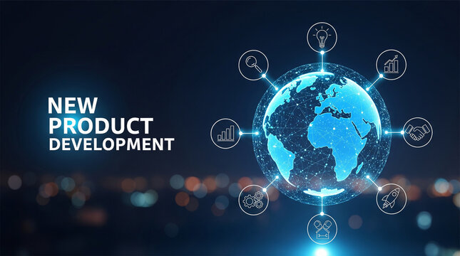 New product development concept, digital globe with business icons, global innovation and technology strategy background