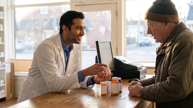 Pharmacist Explaining Medication Instructions to Customer at Counter 