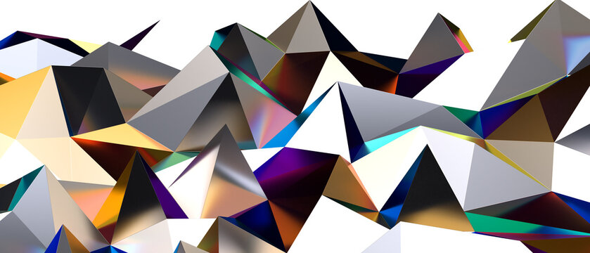 Modern abstract design featuring geometric crystalline shapes resembling mountains with vibrant colo