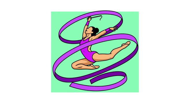 Rhythmic gymnast performing with a purple ribbon in mid air