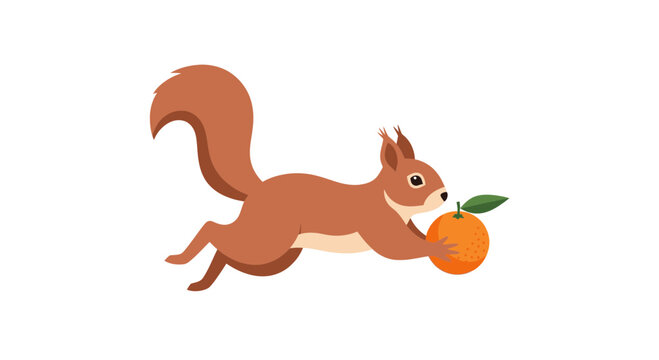 Red squirrel jumping while carrying a whole orange fruit