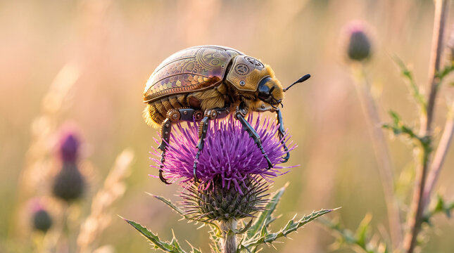 Macro photo of a biomechanical beetle on a purple thistle flower. Steampunk robotic insect with metallic shell and gears in a sunlit meadow