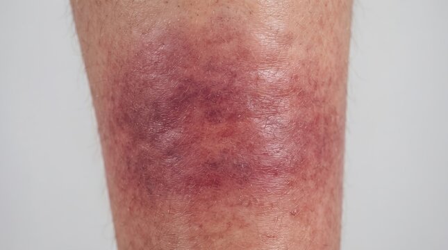 Close up of inflamed red and purple skin rash on lower leg indicating cellulitis or stasis dermatitis