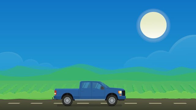 Animated blue pickup truck driving on a country road under the sun representing travel freedom, road trip, and mobility. (loopable)