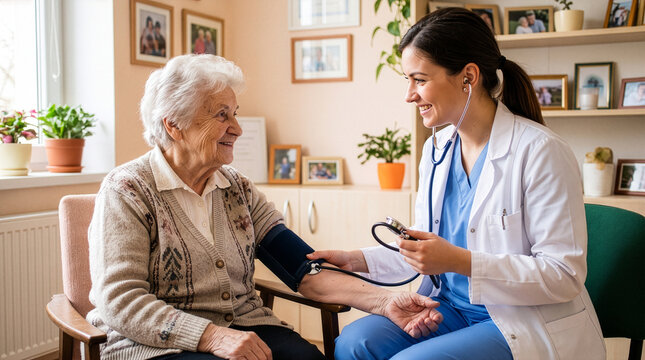 Elderly Patient Smiling While Young Doctor Takes Blood Pressure 