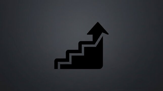 Business growth and success concept icon with upward arrow and stairs on a dark grey background