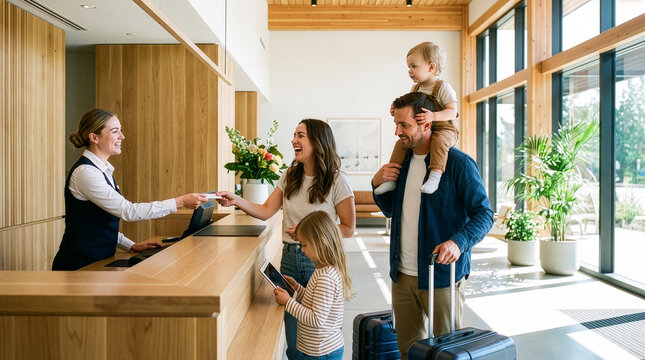 Family Checking in at Hotel Front Desk with Luggage 
