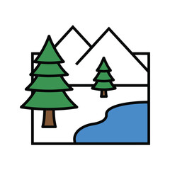 Fototapeta premium Mountain landscape vector nature scenery with pine trees and river mountain landscape