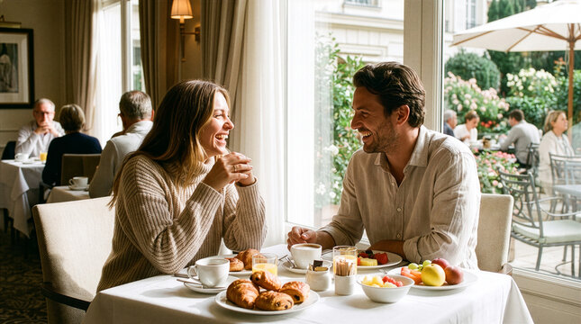 Couple Enjoying Breakfast at Hotel Restaurant Table 