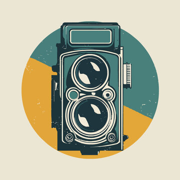 Vintage twin-lens reflex camera illustration with teal and yellow circle, ideal for photography blogs, retro advertising and creative projects.