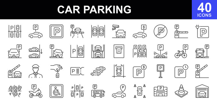 Car parking icon set. Contains such icons as parking, car charging, signs, parking area, garages, cars, transport, motorcycle, navigation, spaces and more. Linear icon collection. Vector illustration