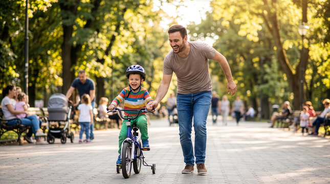 Father Teaching Young Child to Ride Bicycle in Sunny Park 