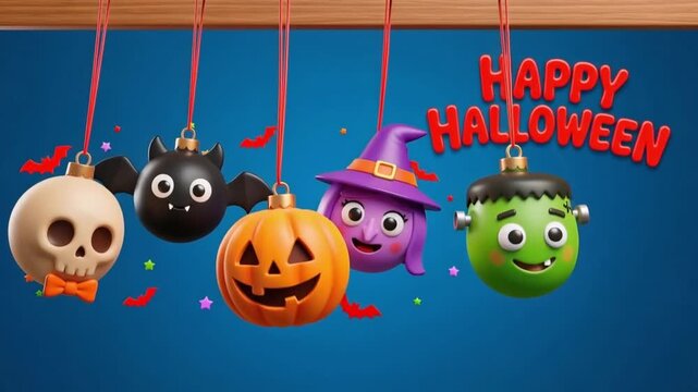 Halloween video with festive cartoon ornaments of Frankenstein&rsquo;s monster,witch, jack-o'-lantern, red devil with small horns, and skull on blue background. perfect for Halloween celebrations