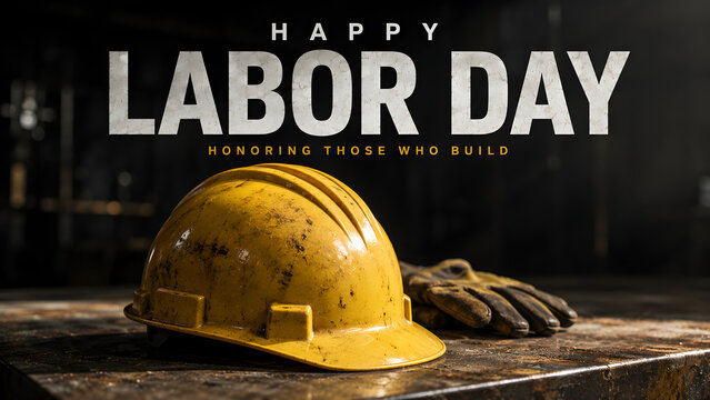 Happy labor day banner featuring a weathered yellow construction hard hat and work gloves on a rustic metal surface, honoring the hard work of builders