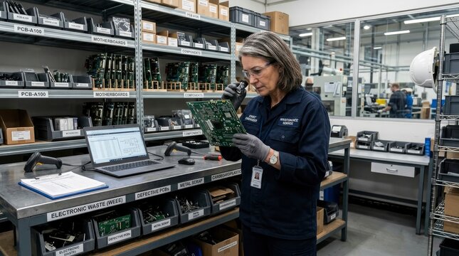 Professional female engineer inspecting a motherboard using a magnifying glass in a specialized electronic repair and recycling facility