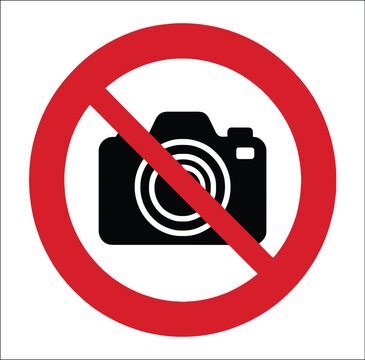 No photography allowed sign with black camera icon and red circle border, prohibition symbol for restricted areas, privacy rules and security notices, vector illustration design.