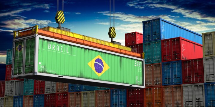 Brazil - cargo container lifted by crane in terminal - international trade and logistics concept - 3D illustration