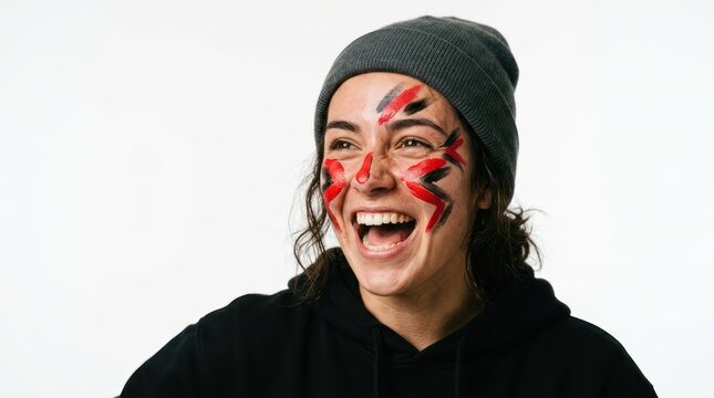 Happy woman with face paint at stadium fan event smiling