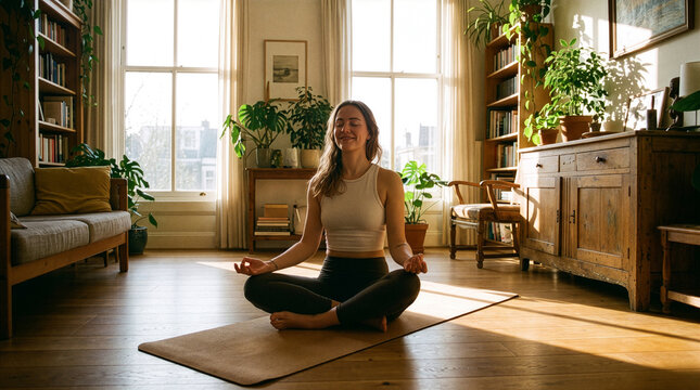 Woman Doing Yoga on Mat in Sunlit Living Room 
