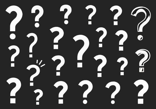 Collection of white question mark icons with varied styles scattered on a transparent alpha background, suitable for concept design, problem solving and confusion graphics.