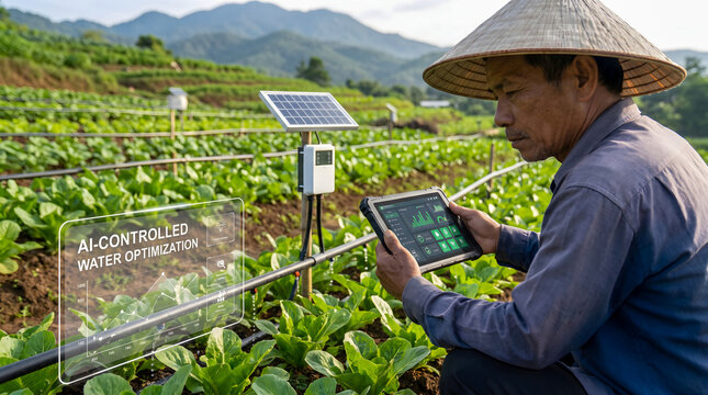 Farmer Monitoring Automated Irrigation and Water Data with Tablet in Vegetable Field