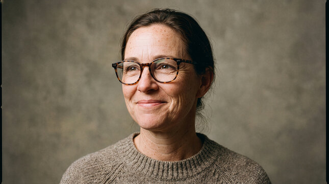 Close-Up Portrait of Woman in Glasses Smiling Thoughtfully 
