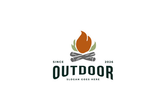 Camping logo design featuring campfire flame and wood logs with typography on white background