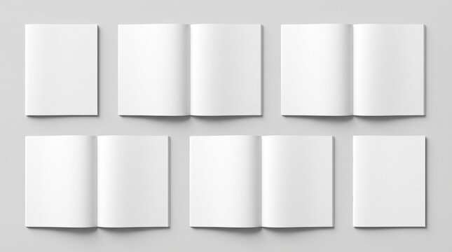 Set of blank open and closed brochures or magazines isolated on white background