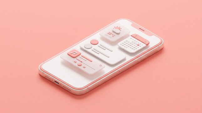 Minimalist 3d ui ux mobile app design interface template on a smartphone screen over coral background